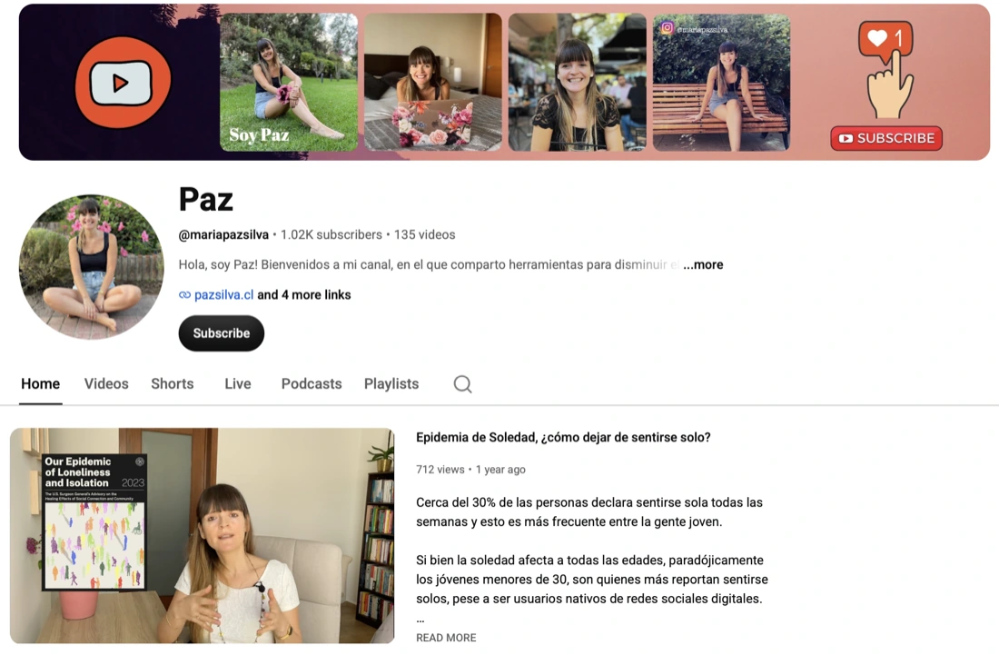 Portada del canal de YouTube de María Paz Silva